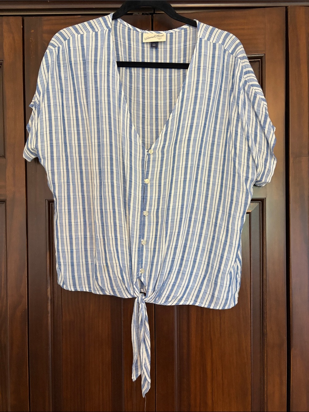 Striped Blue & White Tie-Front Women's Top